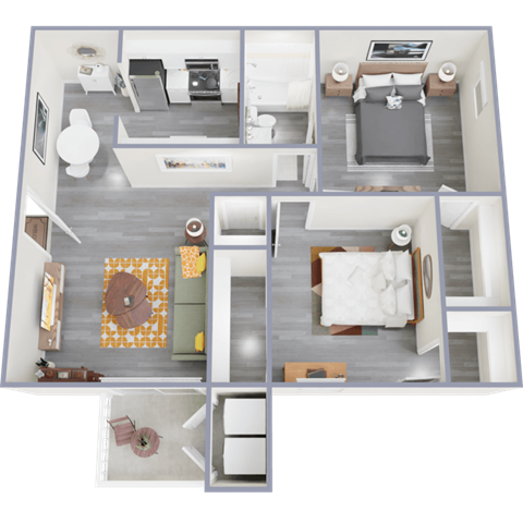 a 3d rendering of our 1 bedroom apartment at princeton court apartments in dallas
